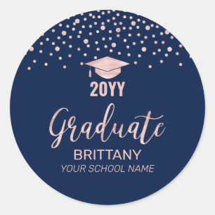 Sticker Rond Parti de graduation de la Marine rose Gold Confett