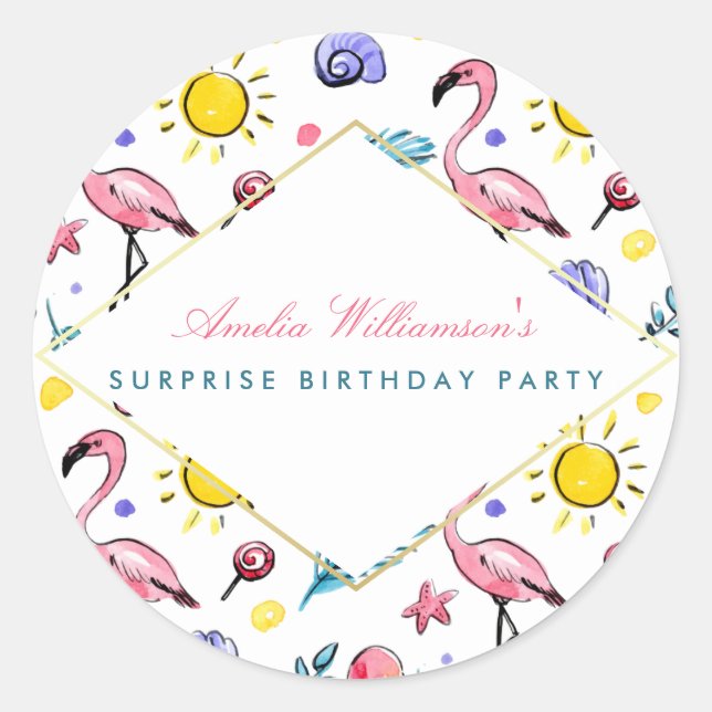 Sticker Rond Parti surprise | Flamant rose d'été, Lollipop et S (Devant)