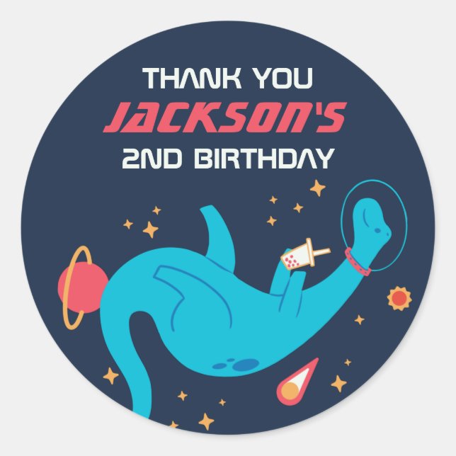 Sticker Rond Partie Anniversaire de enfant de l'astronaute Dino (Devant)