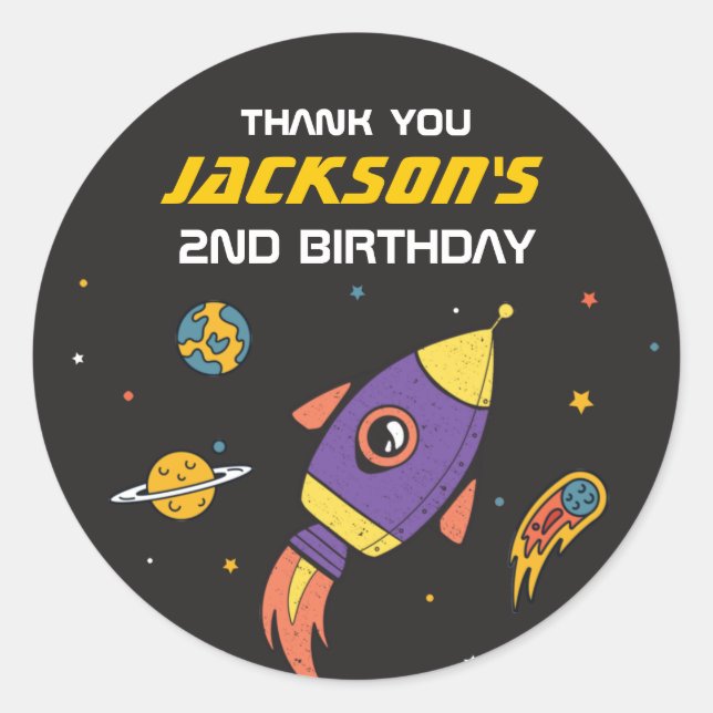 Sticker Rond Partie Anniversaire de enfant de vaisseau de fusée (Devant)