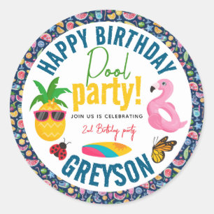 Sticker Rond Partie du pool Fête d'anniversaire à thème d'été