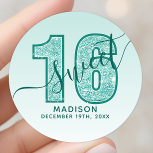 Sticker Rond Parties scintillant Aqua turquoise Script Sweet 16