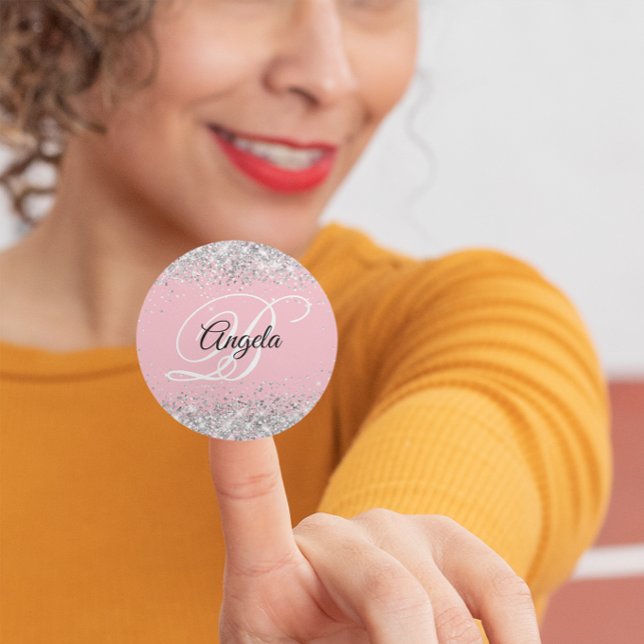 Sticker Rond Parties scintillant Argent Faux rose pâle Fancy Mo (Create your own monogramed pink and silvery grey glitter sticker.)