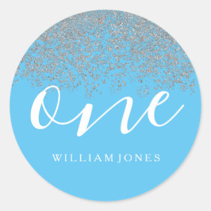 Sticker Rond Parties scintillant Argent Garçons Bleu 1ère fête 