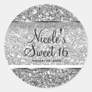 Sticker Rond Parties scintillant argent glam Sweet 16 Personnal