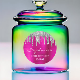 Sticker Rond Parties scintillant argent gouttes rose chaud 50e