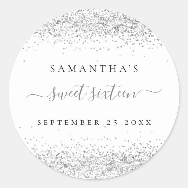 Sticker Rond Parties scintillant Argent Nom Date Sweet sixteen (Devant)