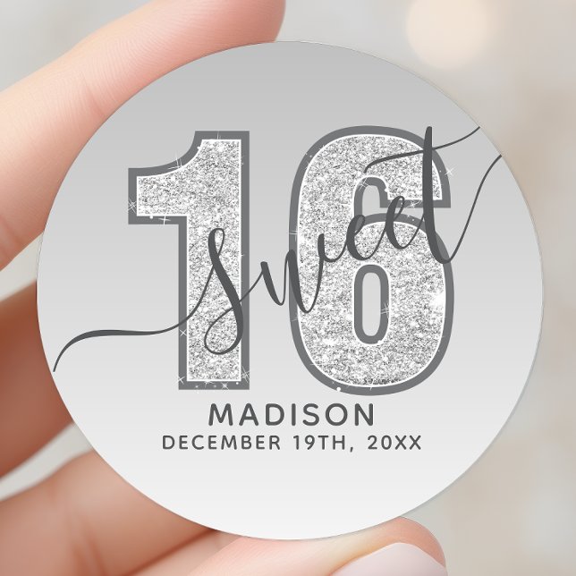 Sticker Rond Parties scintillant Argent Script Sweet 16 Anniver (Créateur téléchargé)