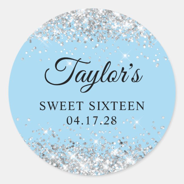 Sticker Rond Parties scintillant argenté Sweet sixteen bleu cla (Devant)