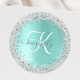 Sticker Rond Parties scintillant argentée turquoise en métal br