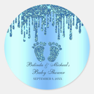Sticker Rond Parties scintillant  Bleu bébé pieds Baby shower