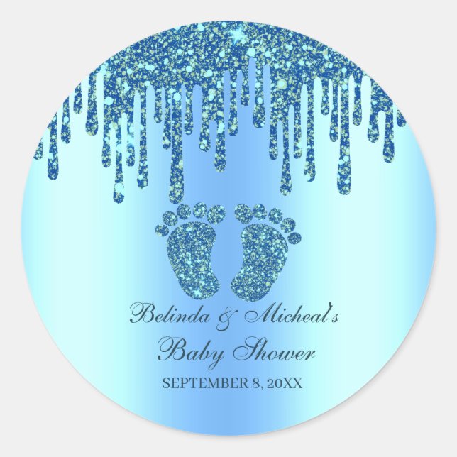 Sticker Rond Parties scintillant  Bleu bébé pieds Baby shower (Devant)