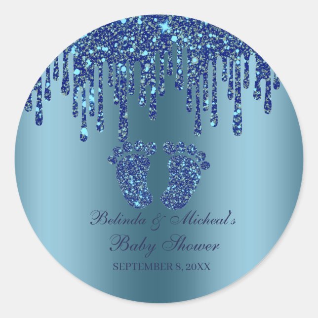 Sticker Rond Parties scintillant  Bleu Bébé Pieds Baby shower C (Devant)