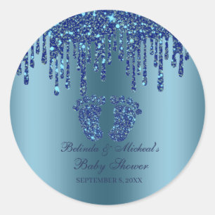 Sticker Rond Parties scintillant  Bleu Bébé Pieds Baby shower C