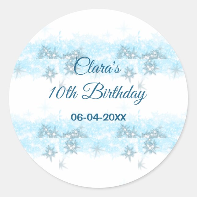 Sticker Rond Parties scintillant bleu ciel ajouter date d'anniv (Devant)