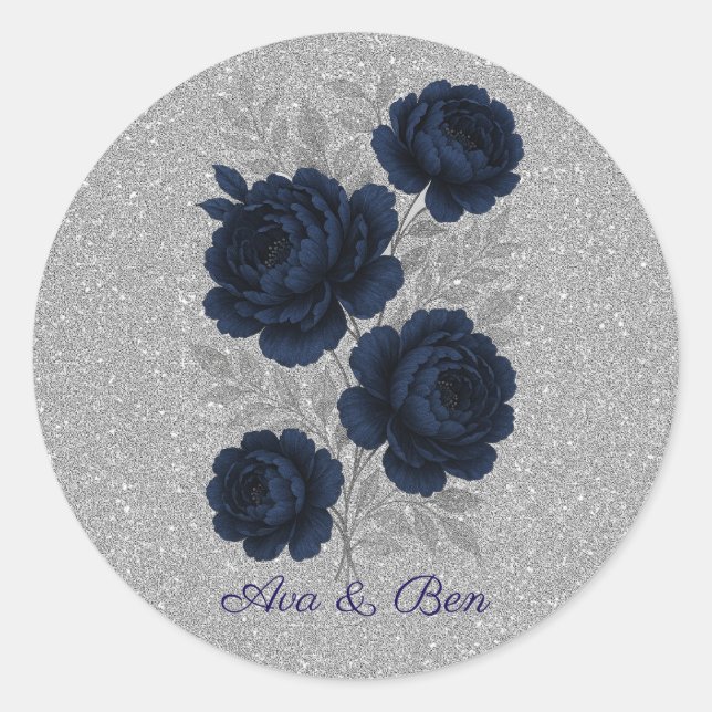 Sticker Rond Parties scintillant bleu marine et argent Feuilles (Devant)