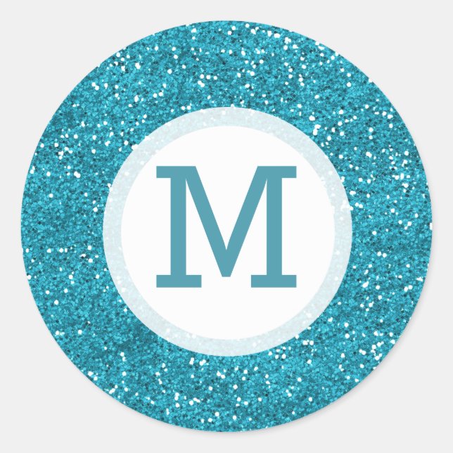 Sticker Rond Parties scintillant bleu turquoise brillant Monogr (Devant)