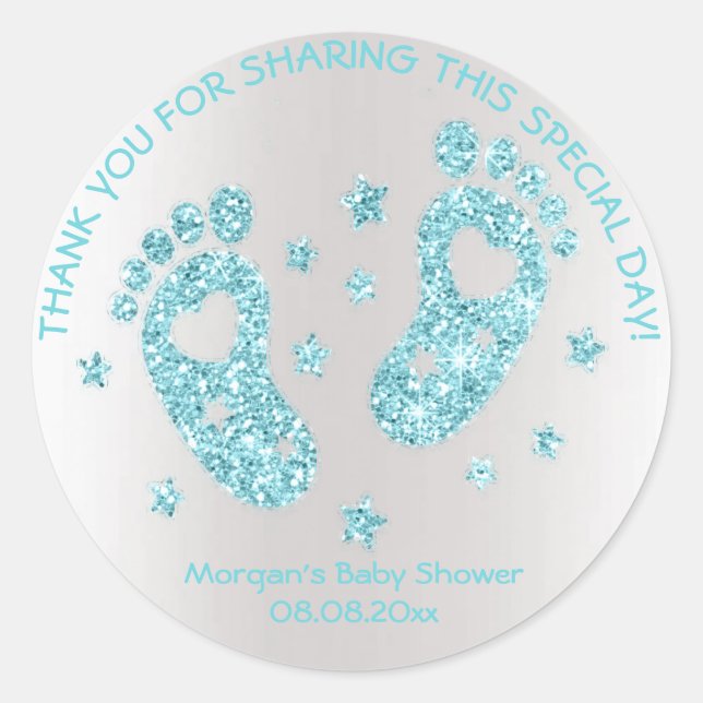 Sticker Rond Parties scintillant bleue Pieds Baby shower Favori (Devant)