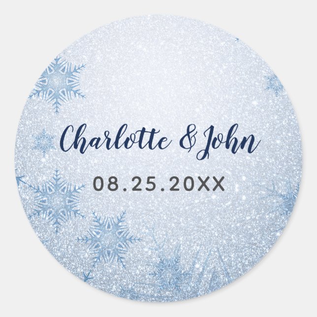 Sticker Rond Parties scintillant Blue Snowflakes mariage d'hive (Devant)