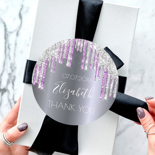 Sticker Rond Parties scintillant d'anniversaire argent violet b (Créateur téléchargé)