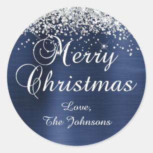 Sticker Rond Parties scintillant d'argent Blue Foil Joyeux Noël