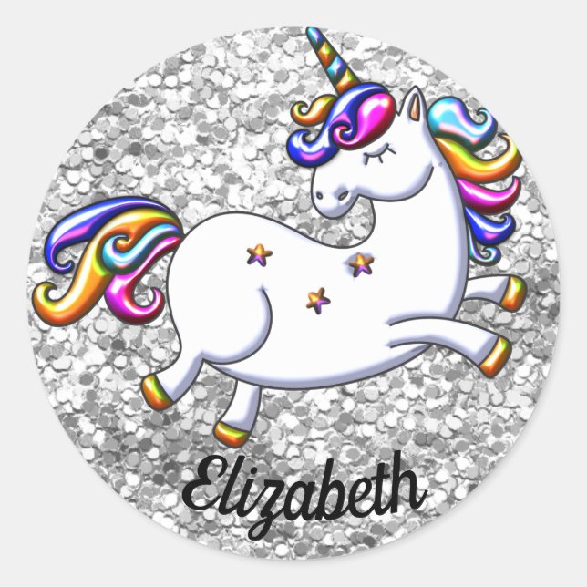 Sticker Rond Parties scintillant d'argent et licorne (Devant)