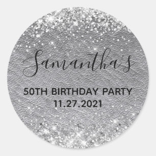 Sticker Rond Parties scintillant d'argent gris cuir 50e fête d'