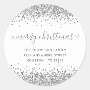 Sticker Rond Parties scintillant d'argent Joyeux Noël Nom de re