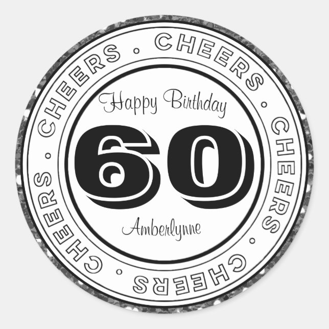 Sticker Rond Parties scintillant d'argent noir blanc 60e annive (Devant)