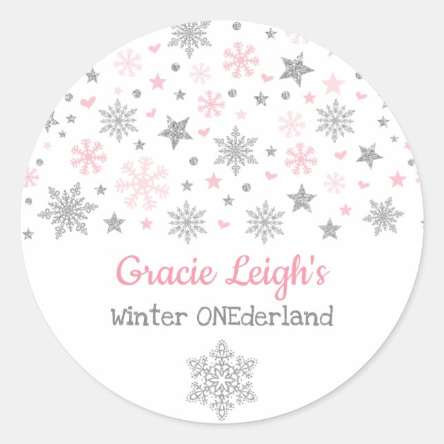 Sticker Rond Parties scintillant d'argent rose Flocon de neige  (Devant)