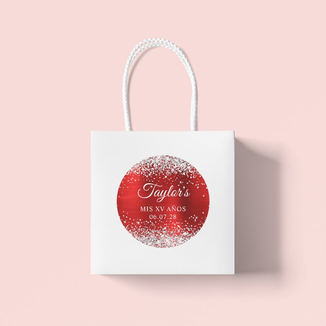 Sticker Rond Parties scintillant d'argent Rouge huile Mis XV An (Large Round Favor Stickers)