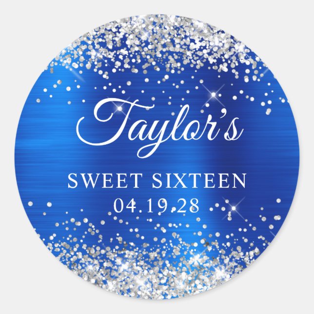 Sticker Rond Parties scintillant d'argent Sweet sixteen Royal B (Devant)