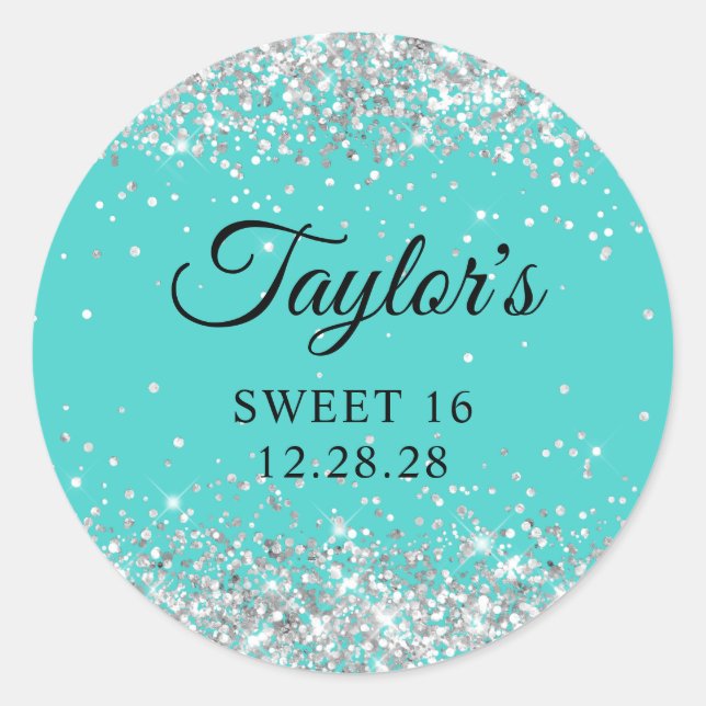 Sticker Rond Parties scintillant d'argent Turquoise Sweet 16 (Devant)