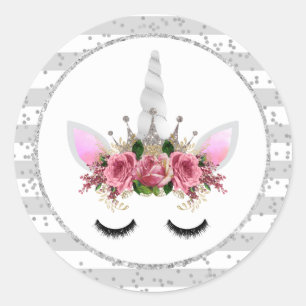 Sticker Rond Parties scintillant d'argent Unicorn Princesse
