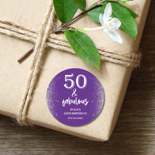 Sticker Rond Parties scintillant d'argent violet 50e fête d'ann (Créateur téléchargé)