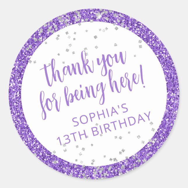 Sticker Rond Parties scintillant d'argent violet Confetti Merci (Devant)