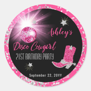 Sticker Rond Parties scintillant Disco Rose Cowgirl 21e fête d'