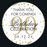 Sticker Rond Parties scintillant d'Merci Gold 90th Birthday<br><div class="desc">Elégant 90e anniversaire "Merci" Gold Faux Parties scintillant Confetti faveur tag modèle.</div>