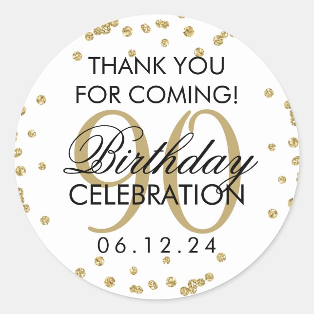 Sticker Rond Parties scintillant d'Merci Gold 90th Birthday (Devant)