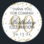 Sticker Rond Parties scintillant d'Merci Gold 90th Birthday<br><div class="desc">Elégant 90e anniversaire "Merci" Gold Faux Parties scintillant Confetti faveur tag modèle.</div>