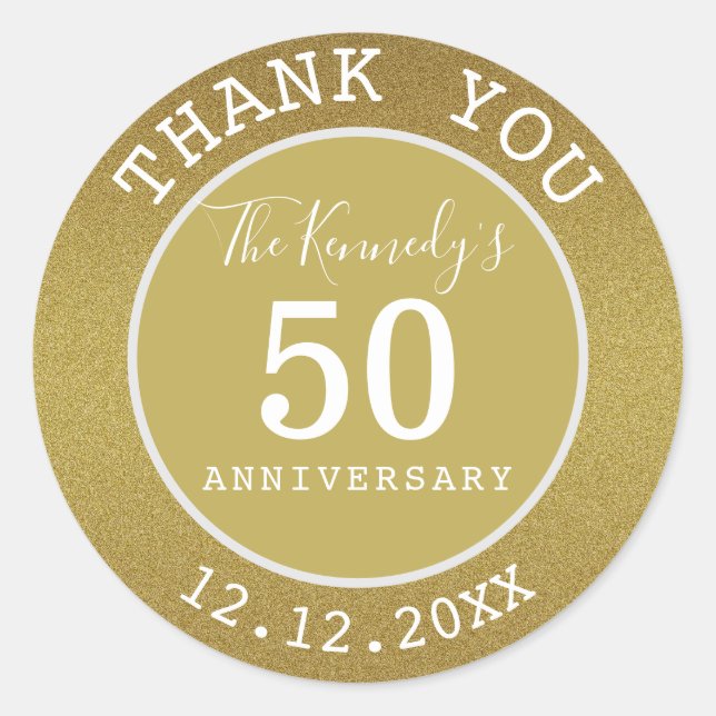 Sticker Rond Parties scintillant d'or 50e anniversaire Merci fa (Devant)