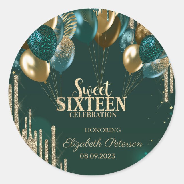 Sticker Rond Parties scintillant d'or Ballons Green Sweet 16 (Devant)