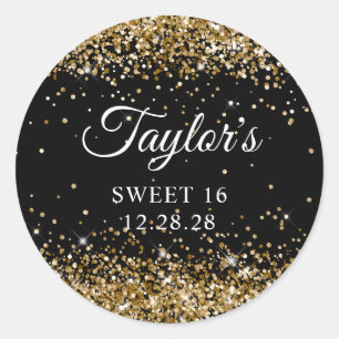 Sticker Rond Parties scintillant d'or Black Sweet 16