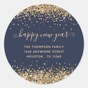 Sticker Rond Parties scintillant d'or Bonne année Nom Adresse M