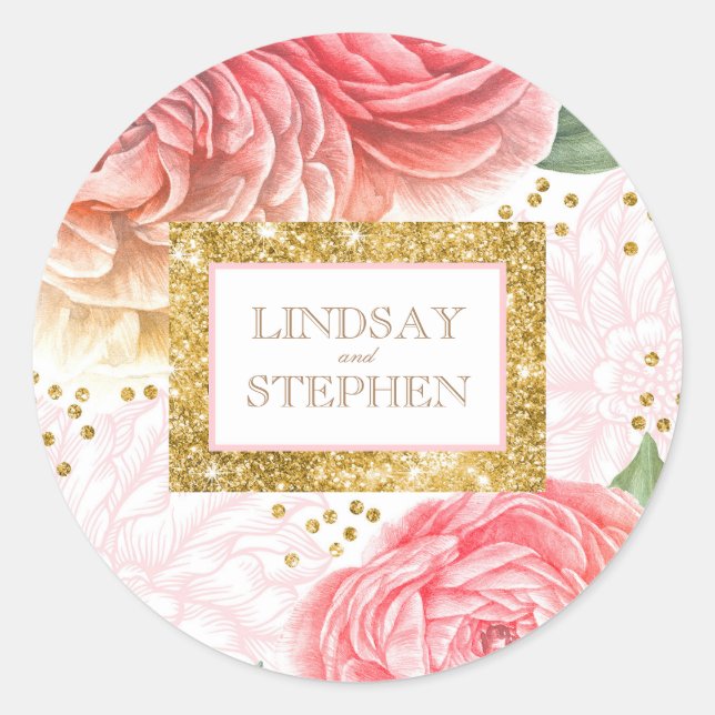 Sticker Rond Parties scintillant d'or Confetti et Fleurs roses  (Devant)