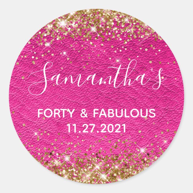 Sticker Rond Parties scintillant d'or Cuir rose chaud quarante  (Devant)