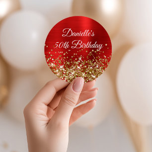 Sticker Rond Parties scintillant d'or et huile rouge 50e annive
