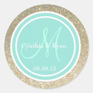 Sticker Rond Parties scintillant d'or et Mariage Aqua Monogram 