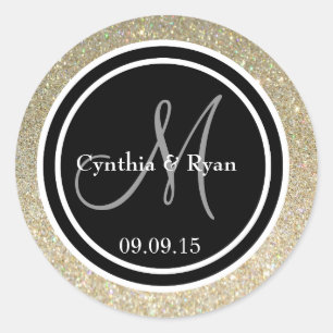 Sticker Rond Parties scintillant d'or et Mariage noir Monogram