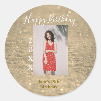 Sticker Rond Parties scintillant d'or heureux 15e anniversaire